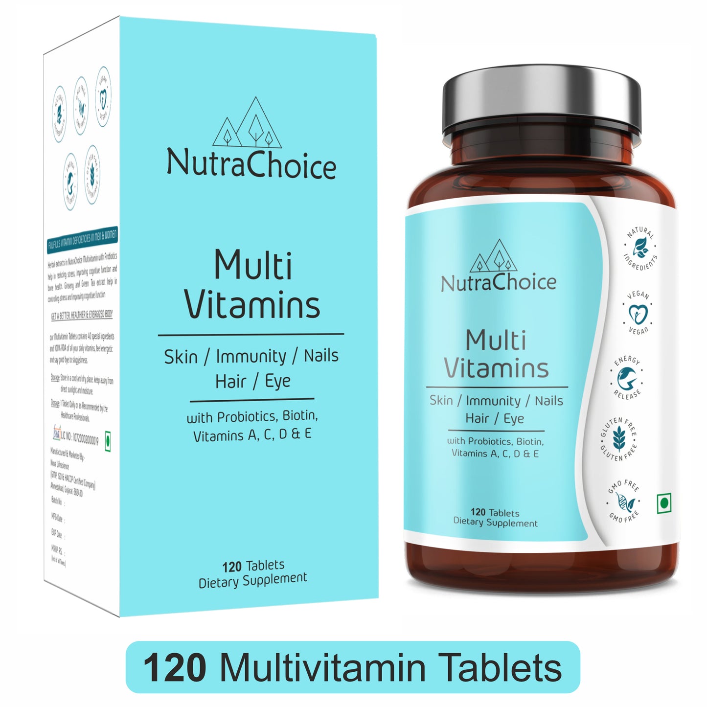 NutraChoice Multivitamin Tablet for Men & Women (120 Tablets) With Probiotics, Vitamin C, E, B12, Zinc, Bones, Biotin, Amino Antioxidants for Healthy Hair, Strength, Stamina, Skin & Nails.