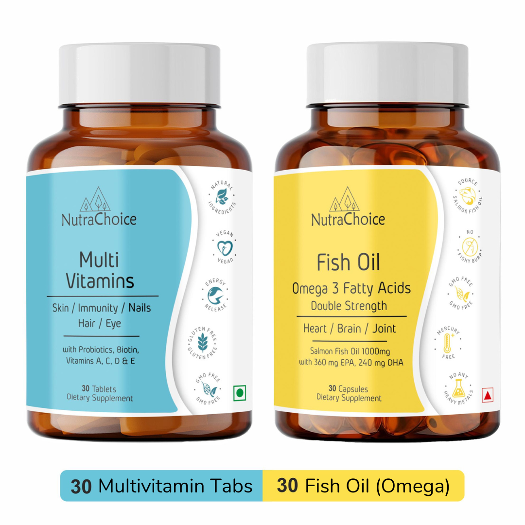 NutraChoice Multivitamin and Fish Oil Combo | Multivitamin Tablets with Probiotics & Prebiotics (30 Tablets) + Maximum Strength Omega 3 Fish Oil 1000mg Capsule 30 Count (360 Mg EPA & 240 Mg DHA)
