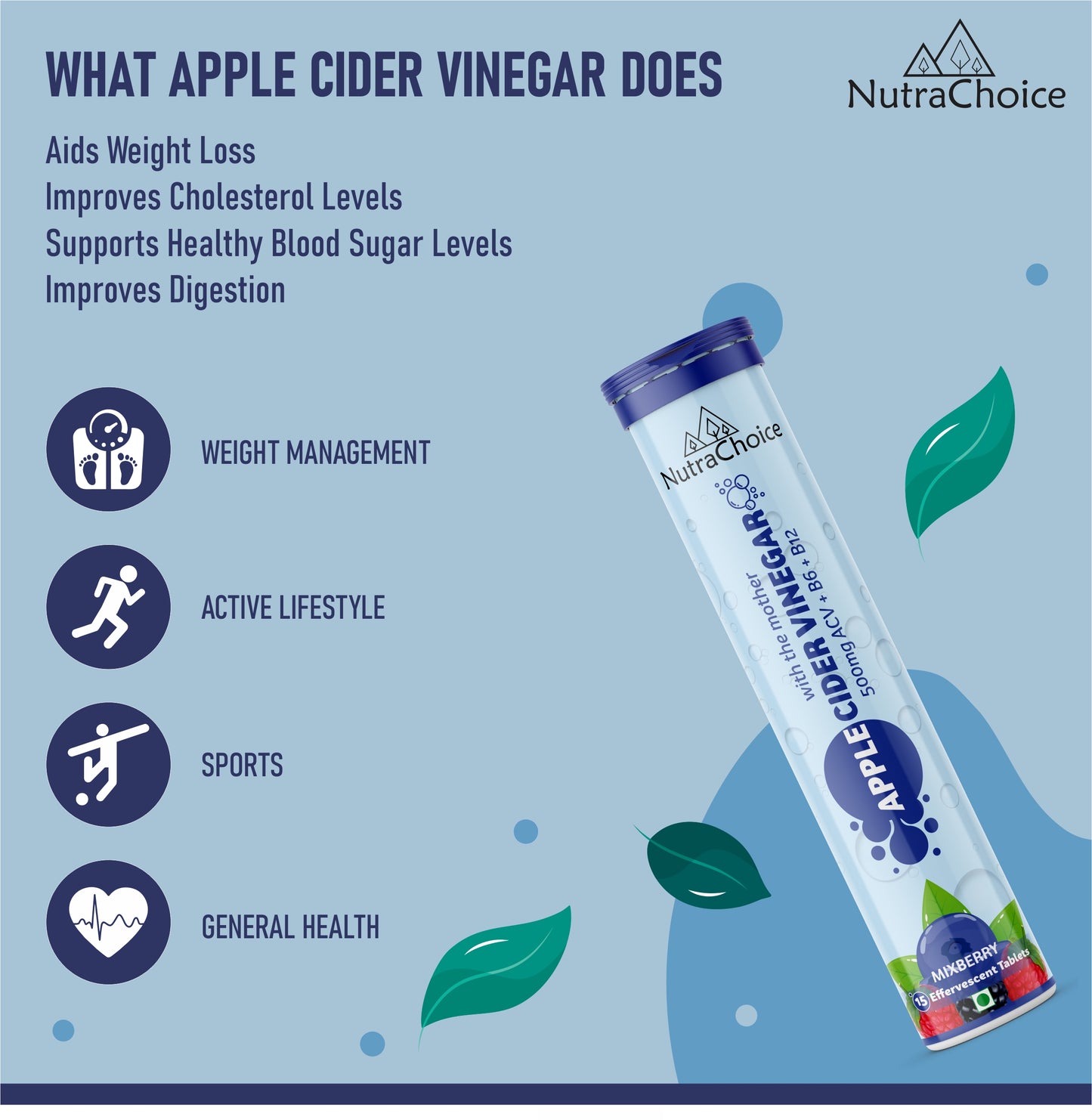 Apple Cider Vinegar Effervescent tablets with Mother for weight loss Mixberry