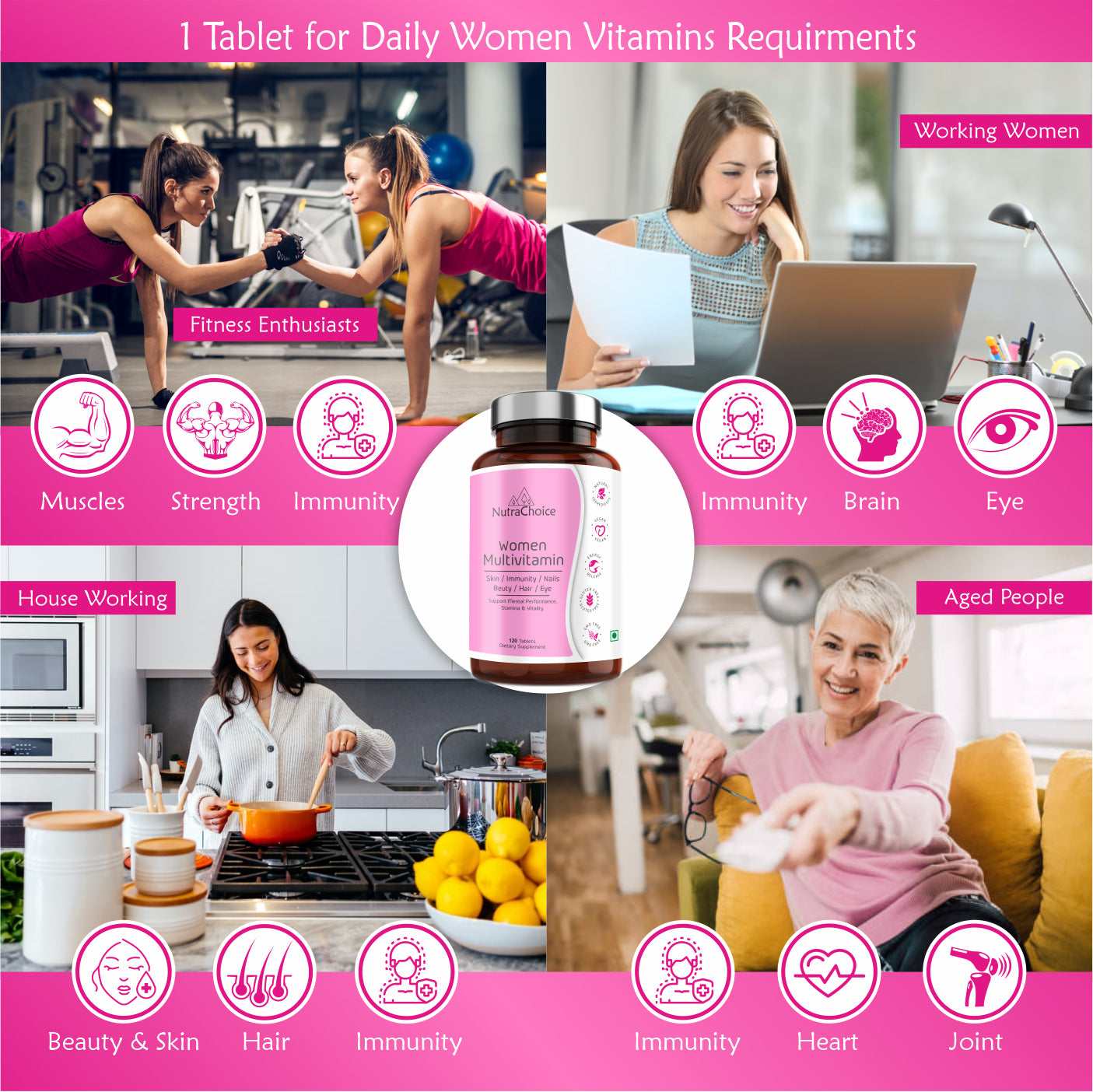 NutraChoice Women Multivitamin Tablet for Women (120 Tablets) With Probiotics, for Energy, Stamina, Vitality and Mental Performance and Healthy Hair, Beauty & Skin care, Nails