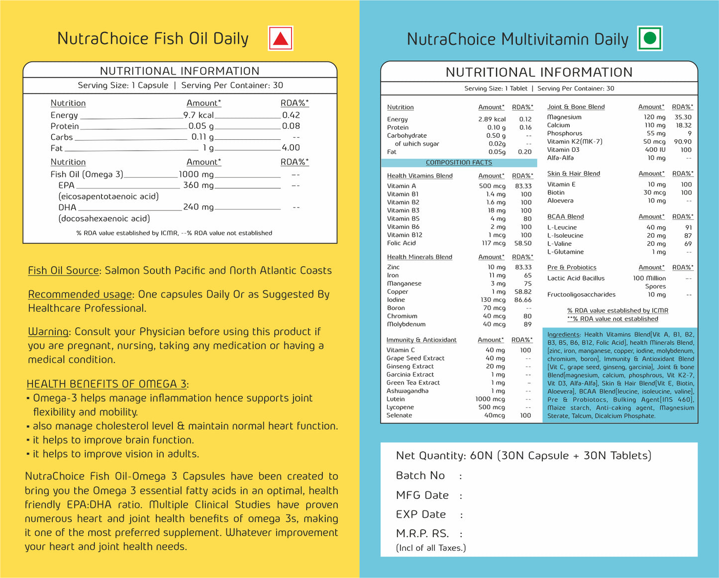 NutraChoice Multivitamin and Fish Oil Combo | Multivitamin Tablets with Probiotics & Prebiotics (30 Tablets) + Maximum Strength Omega 3 Fish Oil 1000mg Capsule 30 Count (360 Mg EPA & 240 Mg DHA)