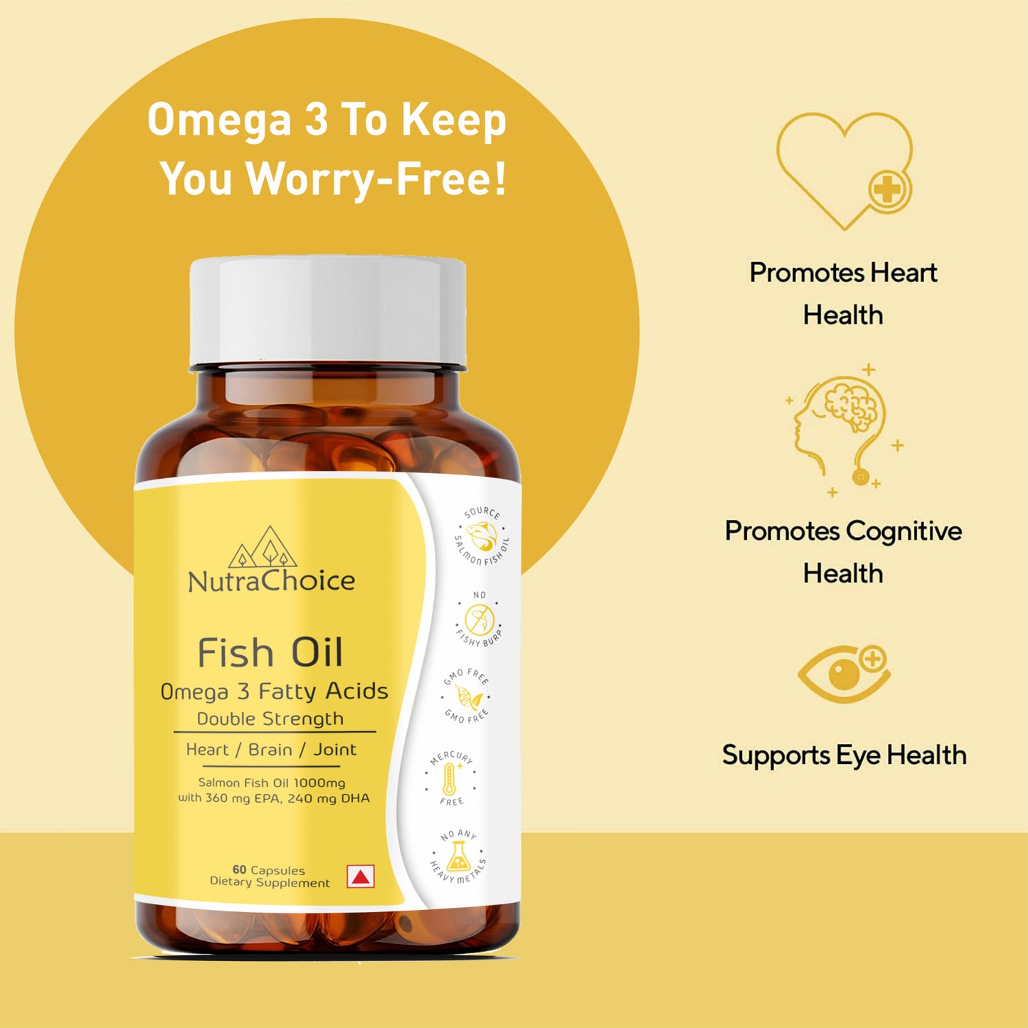 NutraChoice Fish Oil Triple Strength 1000mg (60 Capsules) 360 EPA, 240 DHA and 400mg other omega For Healthy Heart, Brain, Bones, Joint Care & Eye Health | Salmon Fishoil