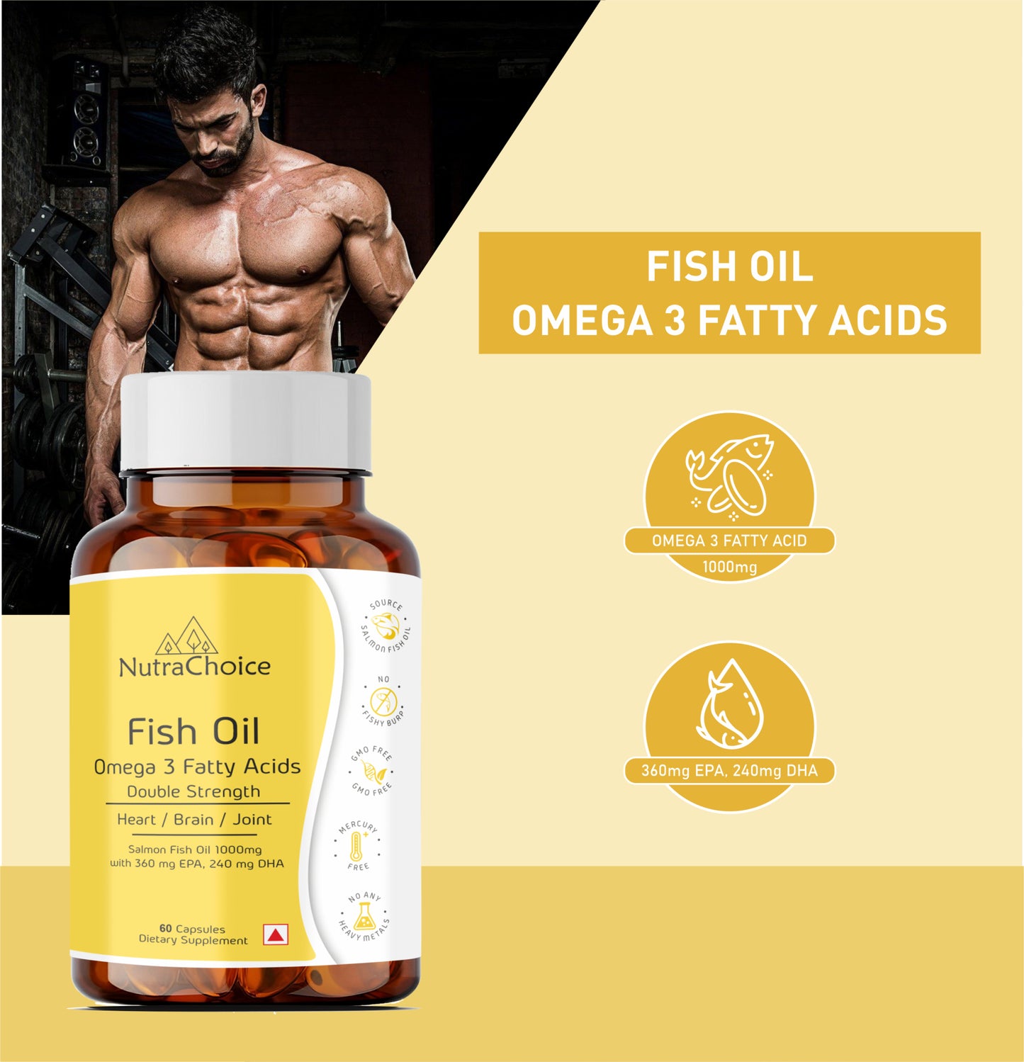 NutraChoice Fish Oil Triple Strength 1000mg (60 Capsules) 360 EPA, 240 DHA and 400mg other omega For Healthy Heart, Brain, Bones, Joint Care & Eye Health | Salmon Fishoil