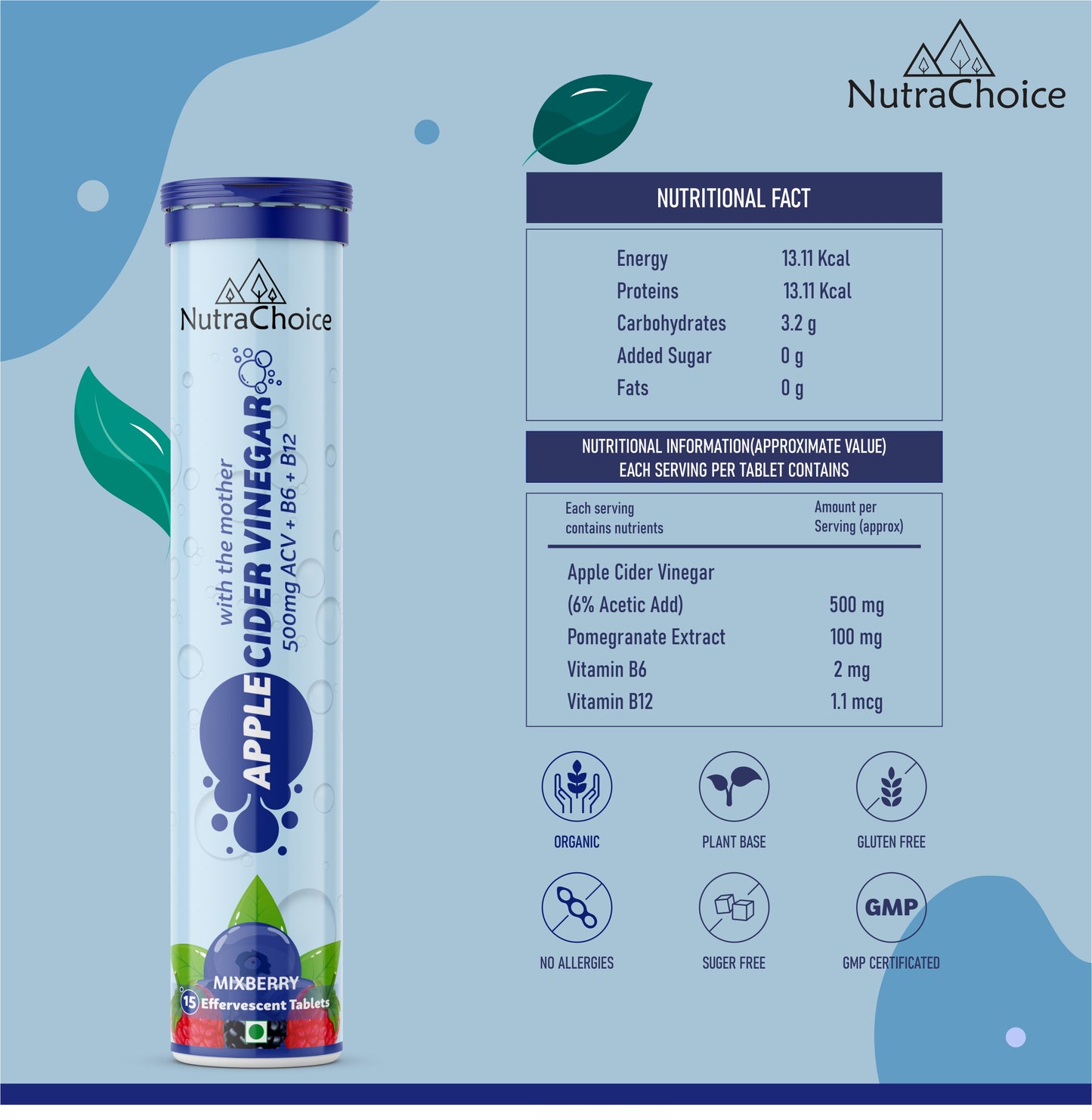 Apple Cider Vinegar Effervescent tablets with Mother for weight loss Mixberry