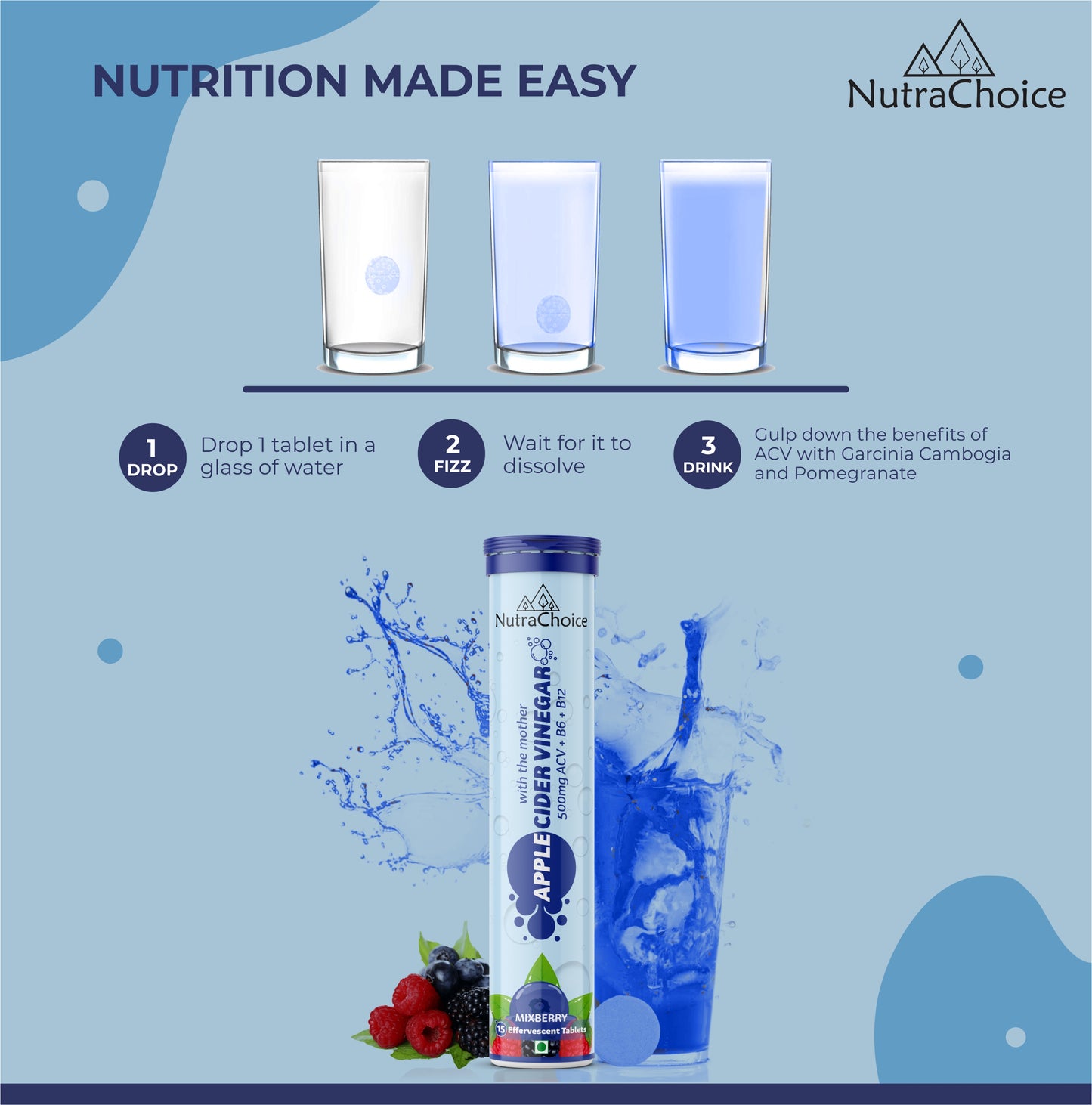Apple Cider Vinegar Effervescent tablets with Mother for weight loss Mixberry