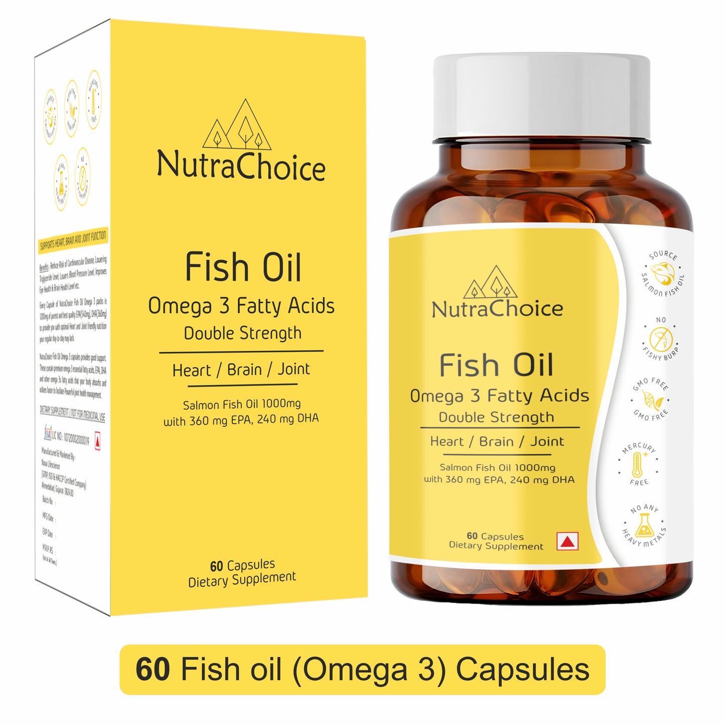 NutraChoice Fish Oil Triple Strength 1000mg (60 Capsules) 360 EPA, 240 DHA and 400mg other omega For Healthy Heart, Brain, Bones, Joint Care & Eye Health | Salmon Fishoil